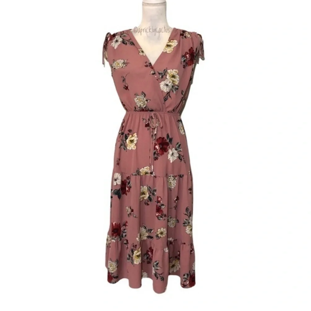 NWT Blush Rose Pink Floral Faux Wrap Midi Dress